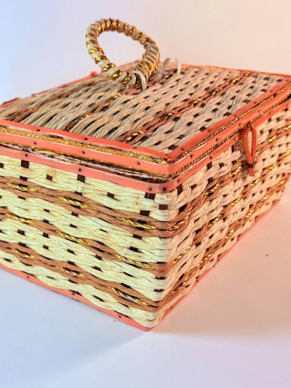 Vintage Wicker Sewing Basket Organizer With Pink Satin Lining & Assorted